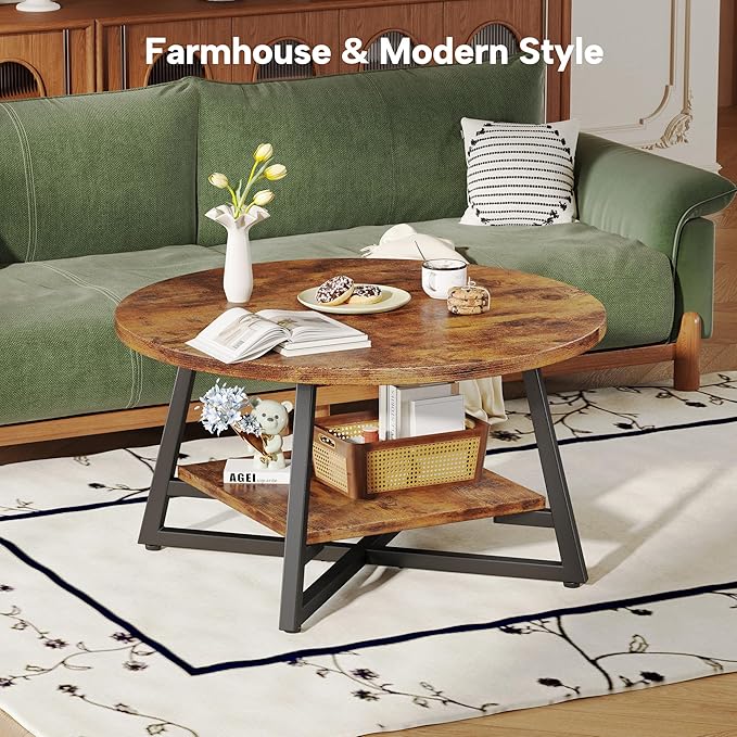 Round Coffee Table, Small Circle Coffee Table with Storage, Modern Wood Round Center Table for Living Room, Home Office, Small Space, Easy Assembly, Rustic Brown