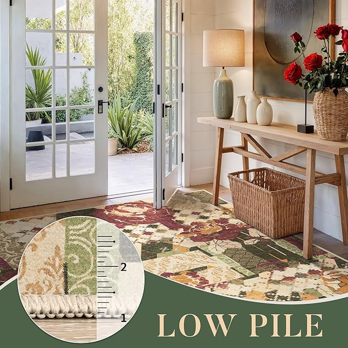 GENIMO 5X7 Floral Area Rugs for Living Room, Machine Washable Non Slip Vintage Patchwork Washable Rug, Ultra-Thin Low Pile Chenille Rugs for Bedroom, Dining Room, Auburn Cinnamon