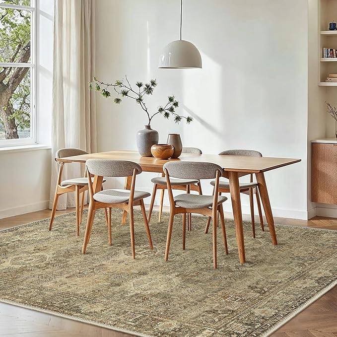 GENIMO 8X10 Area Rugs for Living Room, Machine Washable Non Slip Vintage Floral Patchwork Rug, Thin Low Pile Chenille Carpet Rugs for Bedroom, Dining Room, Straw