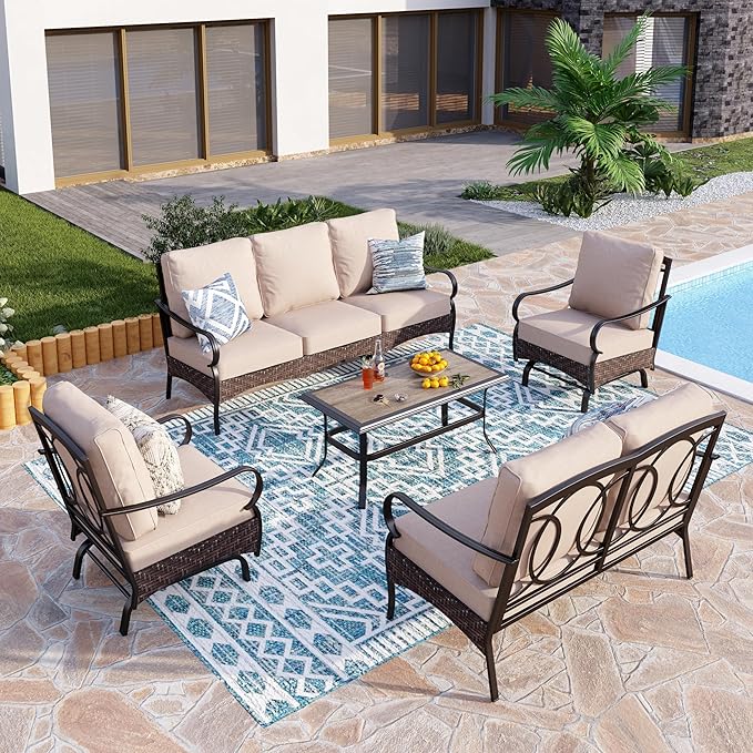 PHI VILLA Outdoor Modern Patio Furniture Set, Upgraded Wicker&Metal Patio Furniture Conversation Set with Waterproof Thick Cushions for Porch, Poolside, Deck, and Yard (5 Pieces,Beige)