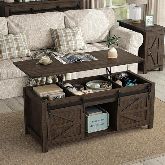 47.3'' Lift Top Coffee Table Rectangle Farmhouse Coffee Table with Storage Rustic Center Table with Sliding Barn Doors for Living Room, Home, Dark Brown