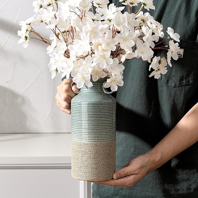 Blue and Brown Ceramic Rustic Vase with 2 Round Handles, Modern Farmhouse Flower Vase, Vintage Terracotta Vases for Home Decor, Wedding, Living Room, Table, Shelf Decor - 9.5 Inch Tall