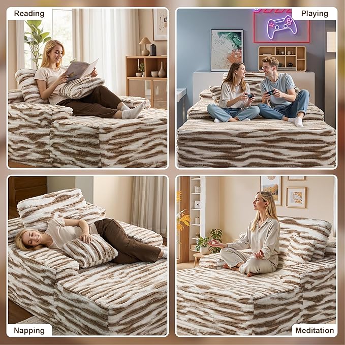 Chaise Lounge Chair Indoor, 67" Oversized Comfy Faux Fur Sleeper Sofa Bed, Boneless Upholstered Recliner Bed with Pillows and Wide Armrests, Modern Cloud Couch for Living Room, Brown+White