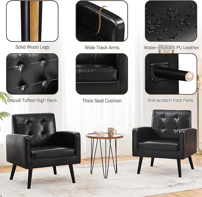 Yaheetech Mid-Century Accent Chairs, PU Leather Modern Upholstered Living Room Chair, Cozy Armchair Button Tufted Back and Wood Legs for Bedroom/Office/Cafe Black 2PCS
