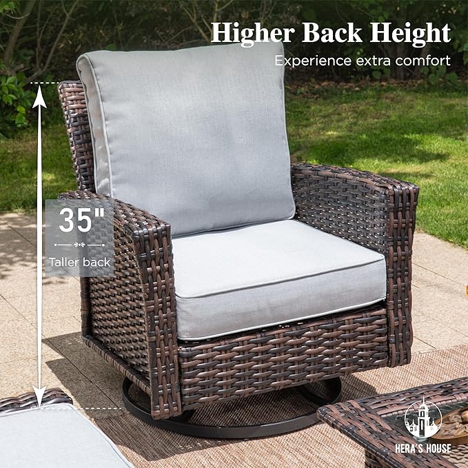 HERA'S HOUSE Gray Patio Furniture Set with High Back Swivel Chairs, Comfy Outdoor Wicker Conversation Sofa Sets with 5.5" Waterproof Cushions for Deck Lawn Backyard