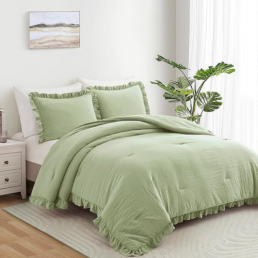 Bonlino Bedding Comforter Set King - 3 Pieces Farmhouse Comforter Ruffle Boho Bed Comforter, Fluffy Soft Lightweight Bedding Chic Rustic Country Style for Home Bedroom Dorm (King, Sage Green)