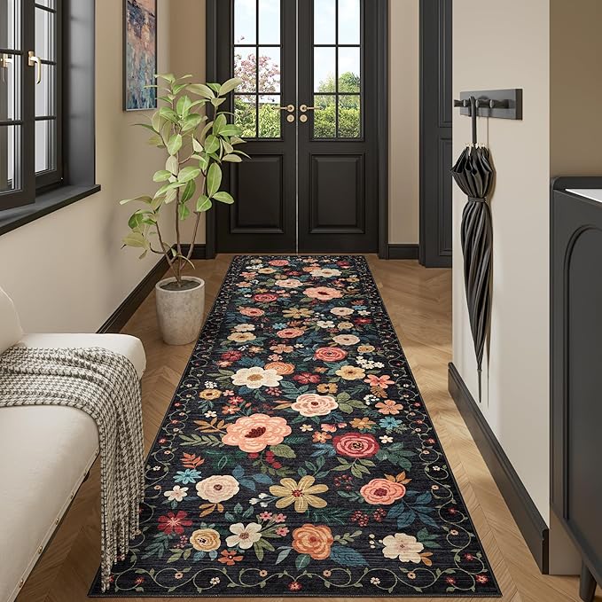 DUKINO 3x10 Runner Rug for Hallway, Washable Kitchen Floral Runner Rug with Non Slip Backing, Low Pile Soft Boho Carpet for Kitchen, Hallway, Entryway, Laundry, Bedroom, Black
