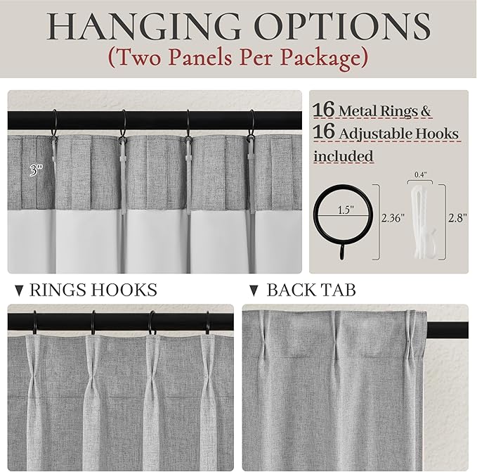 Grey Black Out Curtains 84 Inch Long for Living Room, Pinch Pleated Flax Linen Modern Insulated Drapes with Hooks Back Tab Bedroom Curtain 84 Inch Length 2 Panels Set Soundproof Privacy Windows Burg