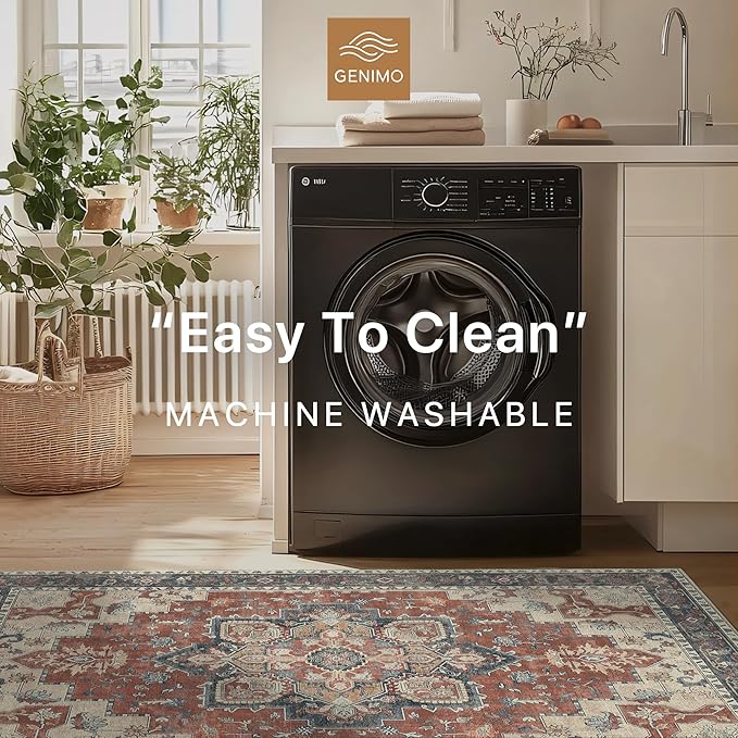 GENIMO 10x12 Area Rugs for Living Room, Machine Washable Non Slip Vintage Rugs, Low Pile Lightweight Chenille Print Rug for Bedroom, Dining Room, Home Office,Bordeaux