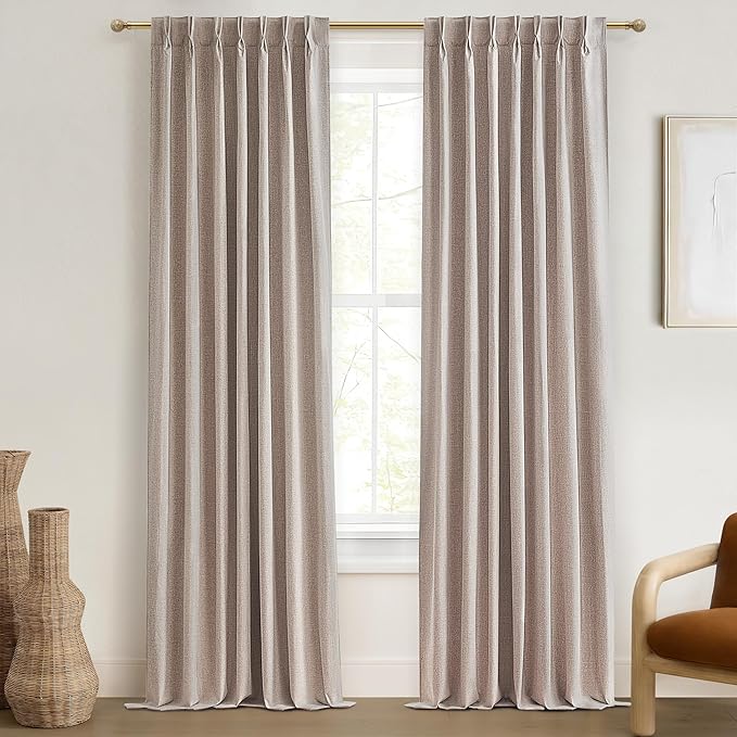 Pinch Pleated Farmhouse Curtains 100 Percent Blackout Window Dining Room Curtains 96 Inches Long Burlap Rustic Linen Drapes for Living Room Insulated with Hooks for Track System 2 Panels