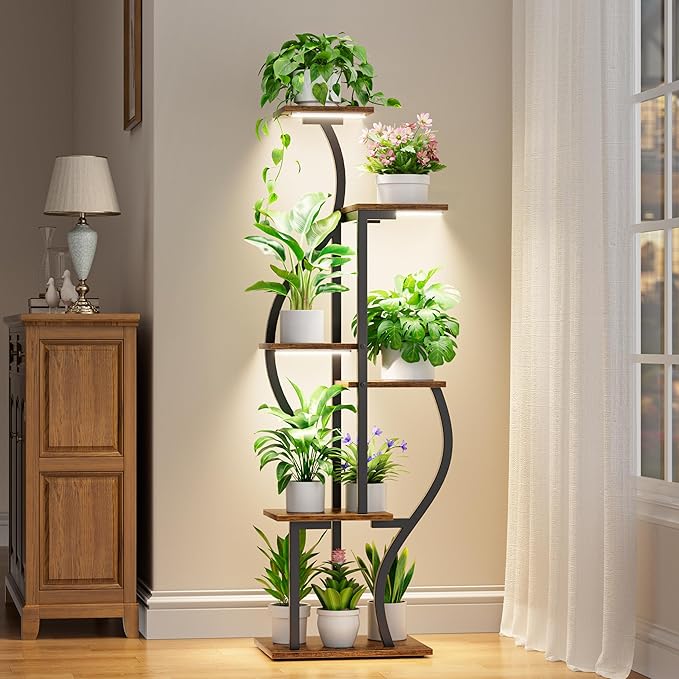 JUSTOGO 53'' Plant Stand Indoor with Grow Lights - 6 Tiered Metal Plant Shelf for Multiple Plants, Corner Rack and Home Decor, Flower Display Rack for Garden, Patio, Living Room
