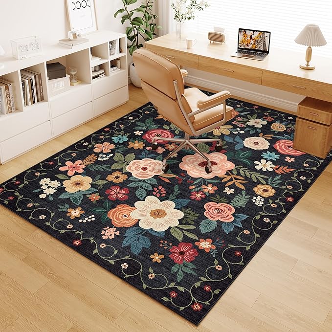 DUKINO 5x7 Area Rug, Floral Design, Lightweight Non Slip Washable, Indoor Low Pile & Non-Shedding Boho Rug for Bedroom, Living Room, Dining Room, Black