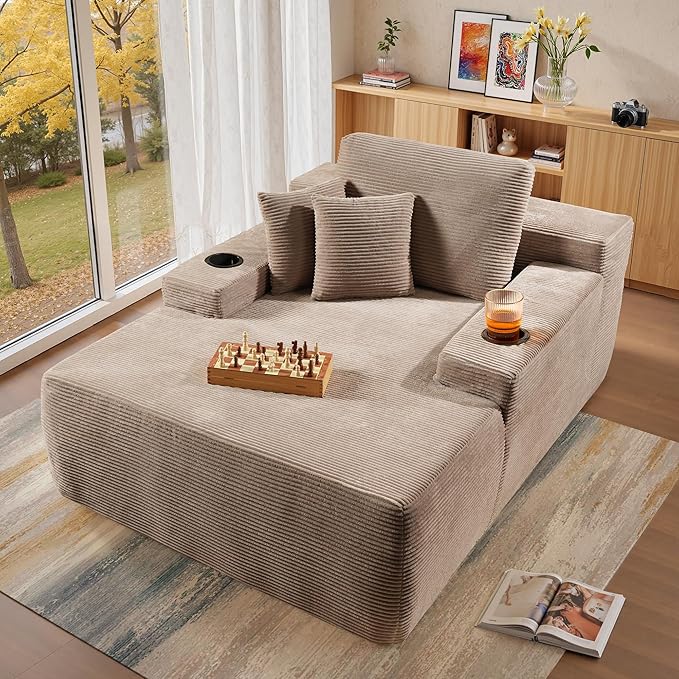 Chaise Lounge Chair Indoor, 67" Oversized Comfy Corduroy Sleeper Sofa Bed with Cup Holders and Wide Armrests, Boneless Upholstered Recliner Bed, Modern Cloud Couch for Living Room, Camel