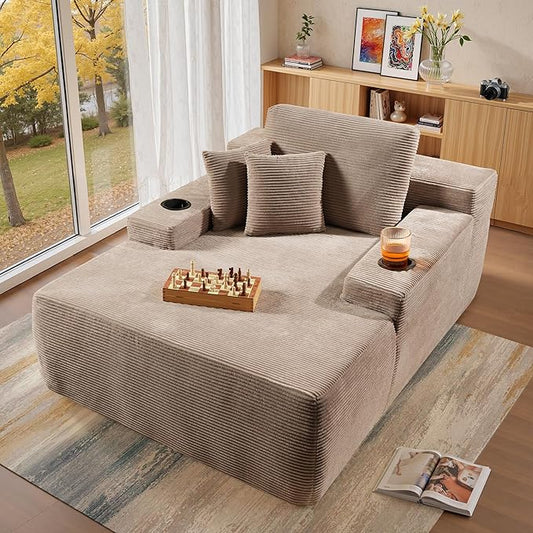 Chaise Lounge Chair Indoor, 67" Oversized Comfy Corduroy Sleeper Sofa Bed with Cup Holders and Wide Armrests, Boneless Upholstered Recliner Bed, Modern Cloud Couch for Living Room, Camel