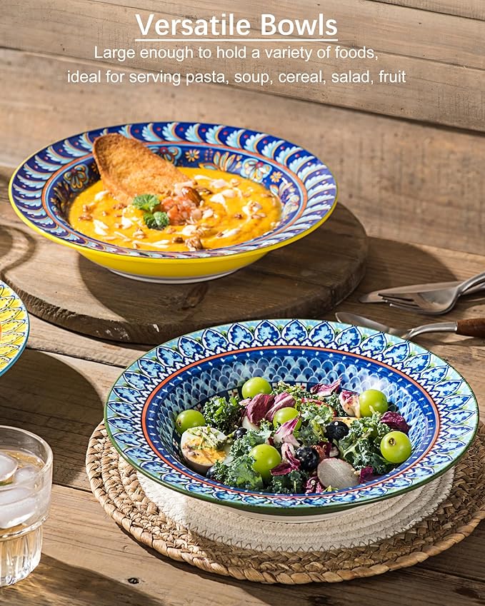 Soup and Pasta Bowls/Plates Set of 4-18 Oz Wide Rim, Porcelain Serving Bowls for Kitchen, Deep Dinner Plates - Microwave & Dishwasher Safe - Bohemian Style