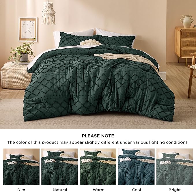 Bedsure Full Comforter Set - Forest Green Comforter, Boho Tufted Shabby Chic Bedding for Kids, 3 Pieces Vintage Farmhouse Bed Set for All Seasons, Fluffy Soft Bedding with 2 Pillow Shams
