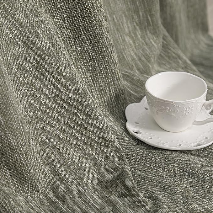 MYSKY HOME Short Curtains for Bedroom Semi Sheer Light Filtering Privacy Drapes for Small Window Linen Look Textured Boho Home Decor Backdrop Curtain for Parties, 50" x 63", Olive Green, 2 Panels