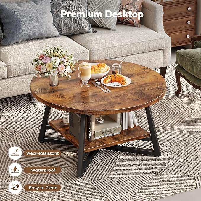 Round Coffee Table, Small Circle Coffee Table with Storage, Modern Wood Round Center Table for Living Room, Home Office, Small Space, Easy Assembly, Rustic Brown