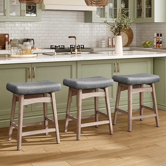MAISON ARTS Counter Height Bar Stools Set of 2 for Kitchen Counter Solid Wood Legs with Fabric Saddle Seat Farmhouse Barstools for 34"-38" Counter Island Upholstered Stools, 24in, Grey Cushion