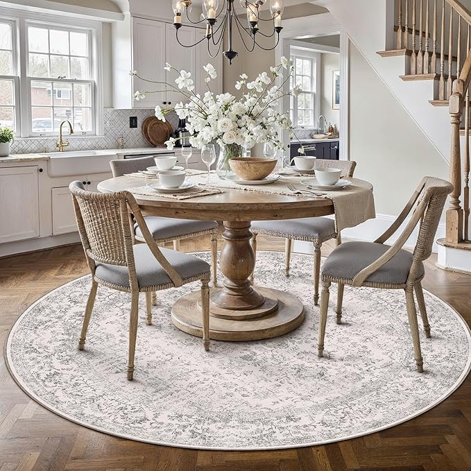 Grey Round Area Rug 5ft Entryway Door Mat Small Circle 5x5 Kitchen Vintage Carpet Non Slip Indoor Bedroom Washable Distressed Floral Retro Accent Throw Rug Office Bathroom