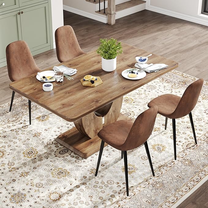 Wooden Dining Table Set for 4,63" Rectangular Kitchen Table with Upholstered Chair, Modern Dining Room Furniture with Faux Leather Seating and Sturdy Metal Legs, Brown Farmhouse Table Set