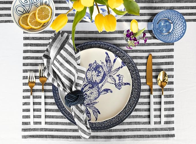Solino Home Linen Napkins Set of 4-100% Pure Linen Amalfi Stripe Black and White Cloth Dinner Napkins 20 x 20 Inch for Fall, Autumn, Halloween, Thanksgiving - Handcrafted and Machine Washable