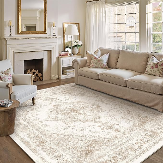Area Rug 6x9 Cream Washable Living Room Beige Carpet Non Slip Vintage Medallion Indoor Bedroom Beige Carpet Low Pile Soft Retro Distressed Large Rug Home Office Dining Room Playroom