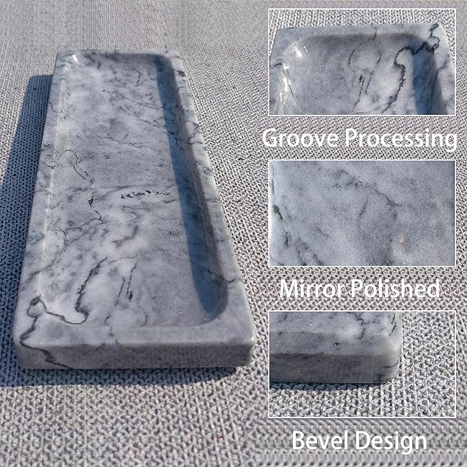 Polished Natural Marble Decorative Tray: 10.6" x 3.5" Rectangular Organizer for Bathroom Kitchen Dresser Desktop Jewelry Vanity Storage, Blue Sky