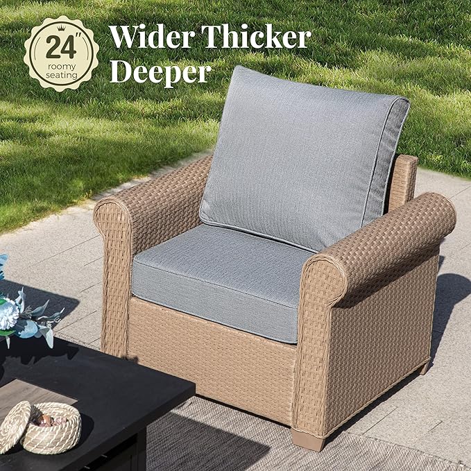 Patio Furniture Set 6 pcs, Wicker Outdoor Patio Furniture, 3-Seat Sofa, 4 Single Chairs and Coffee Table, Rattan Patio Conversation Set for Backyard Deck, Grey