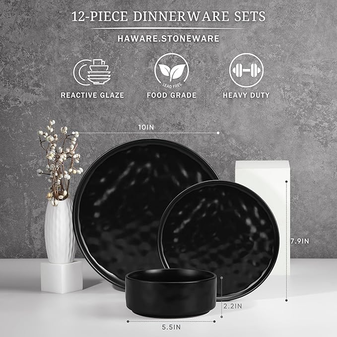 HaWare Dinnerware Sets, 12-Piece Plates and Bowls Set, Stoneware Dish Set for 4, Ceramic Dinnerware for Home Restaurant, Chip and Scratch Resistant, Microwave and Dishwasher Safe, Matte Black