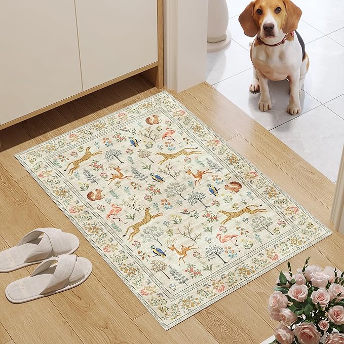 DUKINO 2x3 Rug, Washable Animal Rugs for Entryway, Non Slip Indoor Door Mat, Soft Low Pile Small Area Carpet for Entrance, Bedroom, Kitchen, Laundry, Bathroom, Beige