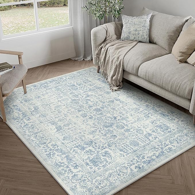 Blue Area Rug 3x5 Office Entryway Rug Machine Washable Kitchen Vintage Distressed Non Slip Carpet Indoor Retro Floral Accent Throw Door Mat for Bathroom Bedroom Dining Living Room