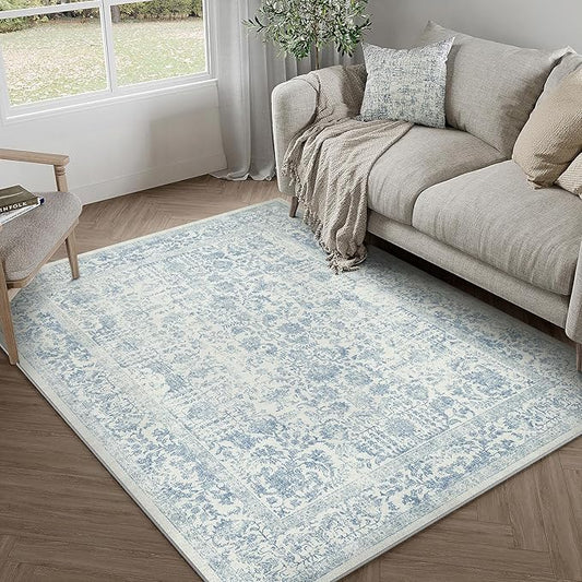 Blue Area Rug 4x6 Office Entryway Rug Machine Washable Kitchen Vintage Distressed Non Slip Carpet Indoor Retro Floral Accent Throw Door Mat for Bathroom Bedroom Dining Living Room