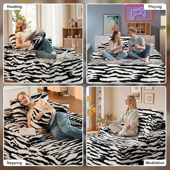 Chaise Lounge Chair Indoor, 67" Oversized Comfy Faux Fur Sleeper Sofa Bed, Boneless Upholstered Recliner Bed with Pillows and Wide Armrests, Modern Cloud Couch for Living Room, Zebra Stripe