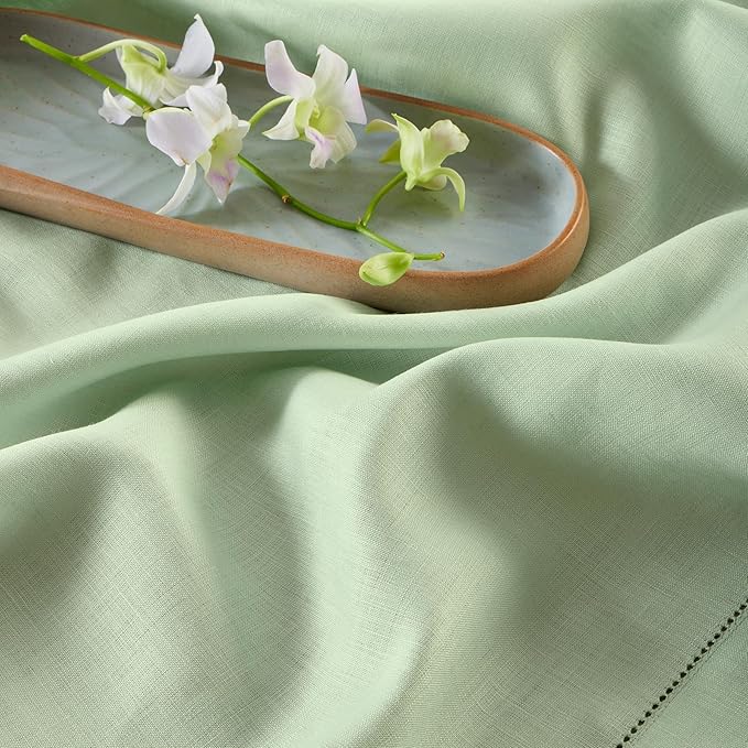 Solino Home Linen Hemstitch Table Runner 108 Inches Long - 100% Pure Linen Light Green Table Runner 14 x 108 Inch - Classic Hemstitch