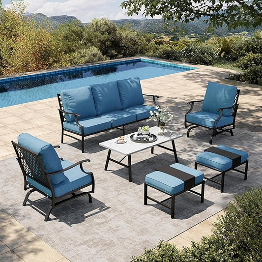 HERA'S HOUSE 6 Piece Patio Furniture Set, 2 x Rocking Cushioned Chair, 2 x Cushioned Ottoman, 1 x 3-Seat Sofa with Marbling Coffee Table, Outdoor Conversation Set for Lawn Garden Backyard, Navy Blue