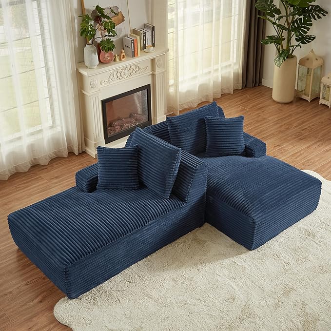 Oversized Double Chaise Lounge, Corduroy Boneless Couch, Modern Oversized Chaise Lounge, Upholstered Sleeper Sectional Sofa Daybed with Throw Pillows and Armrest for Living Room, Blue