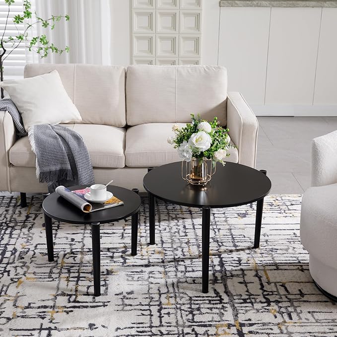 Wooden Round Modern Nesting Coffee Set of 2, Round End Table Side Table, Stacking Living Room Accent Tables for for Living Room Bedroom Balcony, Black