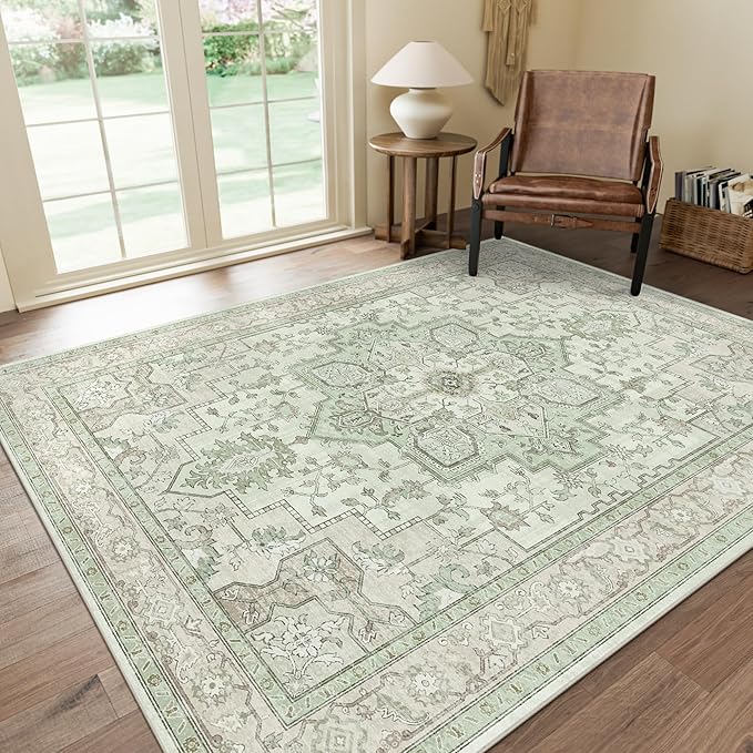 GENIMO 10x14 Area Rugs for Living Room, Machine Washable Non Slip Vintage Rugs, Low Pile Lightweight Chenille Print Rug for Bedroom, Dining Room, Home Office, Oat Light