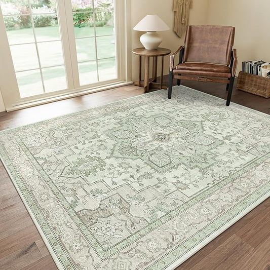 GENIMO 10x14 Area Rugs for Living Room, Machine Washable Non Slip Vintage Rugs, Low Pile Lightweight Chenille Print Rug for Bedroom, Dining Room, Home Office, Oat Light