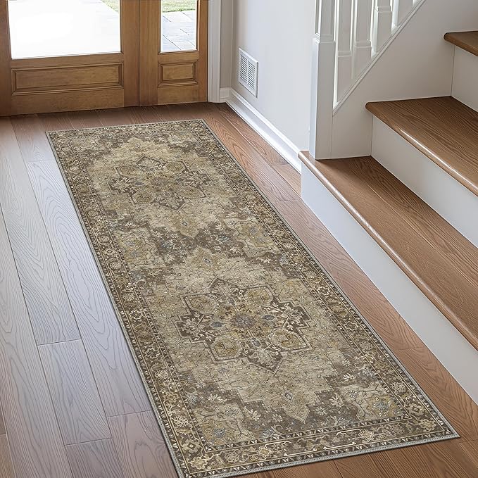 GENIMO 3x8 Runner Rugs for Hallway, Machine Washable Non Slip Vintage Rugs, Low Pile Lightweight Soft Print Rug for enrtyway, Corridor, Home Office, Kitchen, Rustic Brown