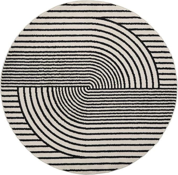 Abani Nuevo Collection Area Rug - Mid-Century Black and White Arch Knot Design - 6' Round - for Living Room, Bedroom & Office