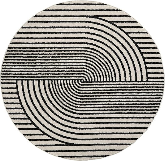 Abani Nuevo Collection Area Rug - Mid-Century Black and White Arch Knot Design - 6' Round - for Living Room, Bedroom & Office