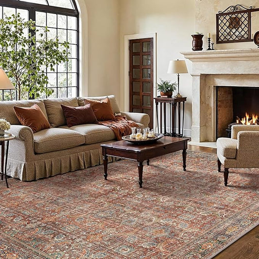 GENIMO 6x9 Area Rugs for Living Room, Machine Washable Non Slip Vintage Rugs, Low Pile Lightweight Chenille Print Rug for Bedroom, Dining Room, Home Office, Terracotta Indigo