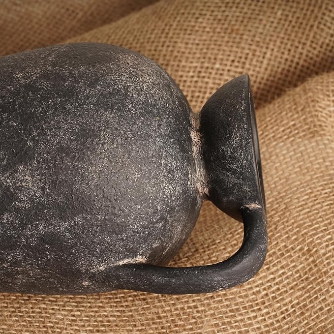 Terracotta Vase with Handle, Black Boho Ceramic Pottery 10inch, Farmhouse Unique Textured Round Jug, Rustic Vintage Decorative Vases for Flowers, Centerpieces, Living Room.