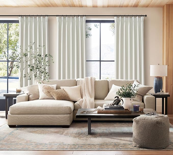 10 ft Extra Long Curtains for Sliding Glass Doors, 100% Blackout Beige White Pinch Pleated Linen Winter Curtains Insulated Noise Reducing Heavy Drape for Large Window (40" Wx120 Lx2 Panels)