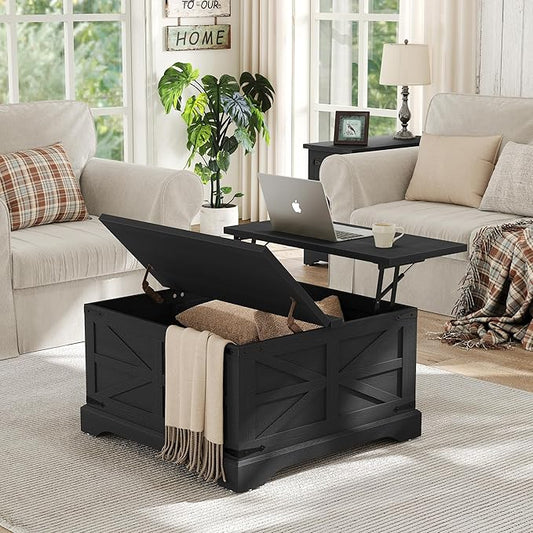 Furnideco Farmhouse Lift Top Coffee Table, Square Wood Center Table with Large Hidden Storage Compartment for Living Room, Rustic Cocktail Table with Hinged Lift Top for Home, Black
