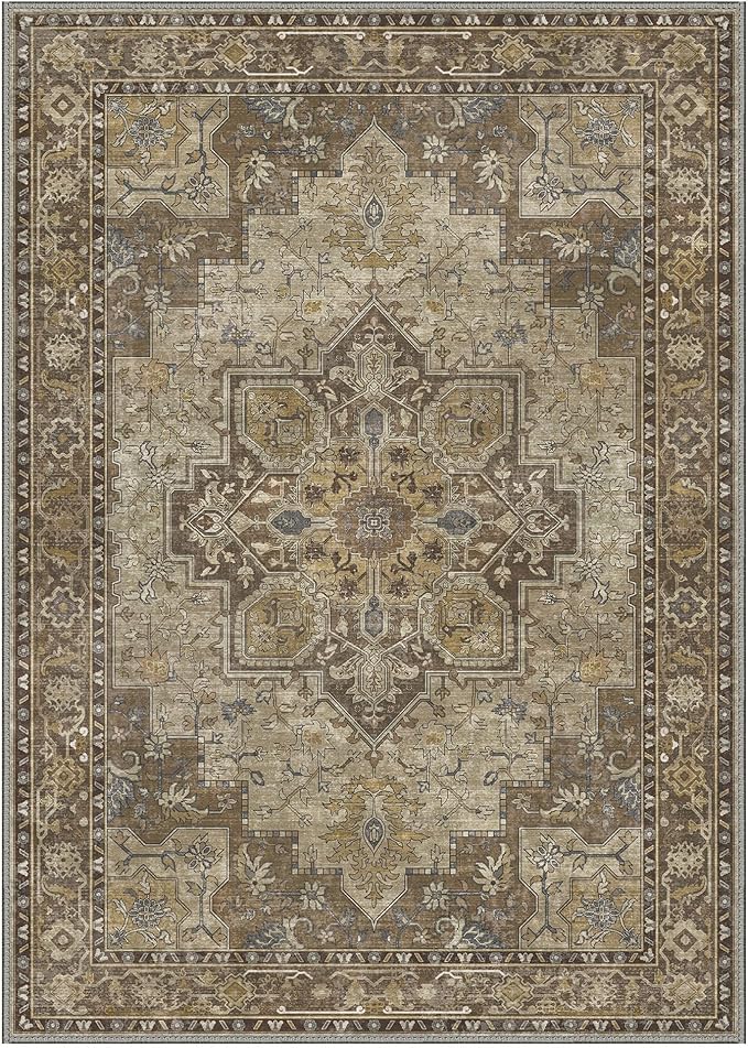 GENIMO 7'6''x9'6'' Area Rugs for Living Room, Machine Washable Non Slip Vintage Rugs, Low Pile Lightweight Chenille Print Rug for Bedroom, Dining Room, Home Office, Rustic Brown