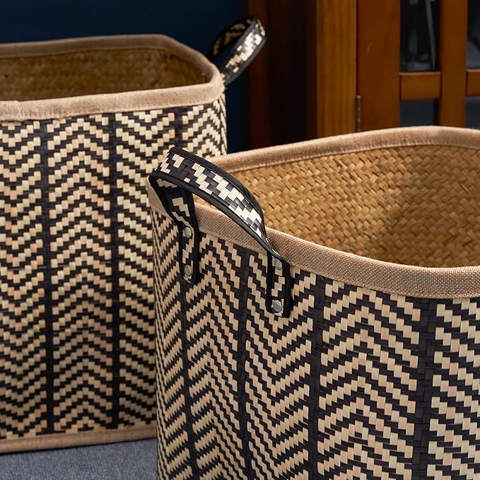 Set of 2 Isidore Square Palm Leaf Woven Wicker Storage Baskets with Handles (14"x14"x15" and 16"x16"x17" - Black-Brown) - Perfect for Halloween, Thanksgiving, and Home Organization