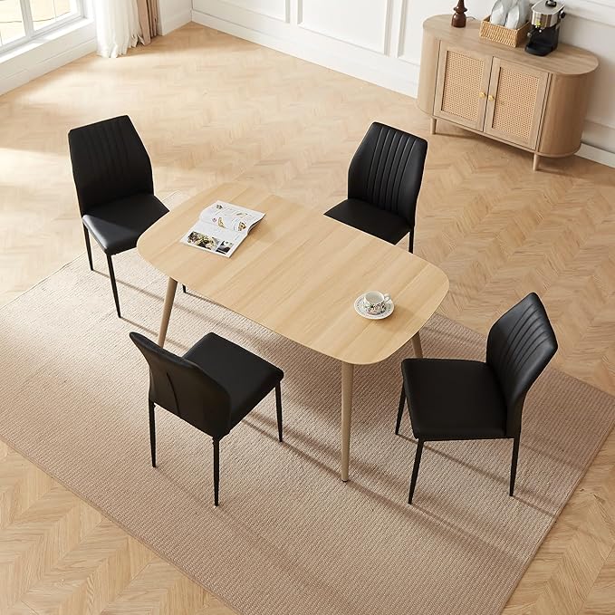 Modern 4-Piece Dining Table Set with Leather Chairs | 55.1 Inch Wood Kitchen Table & 4 Black Leather Seats | Space-Saving Durable Furniture for Small Spaces, Dining Room, Breakfast Nook